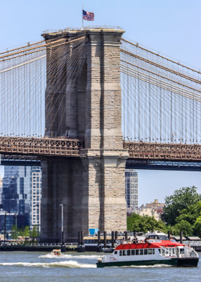 Western tower of the Brooklyn Bridge over the East River in New York City