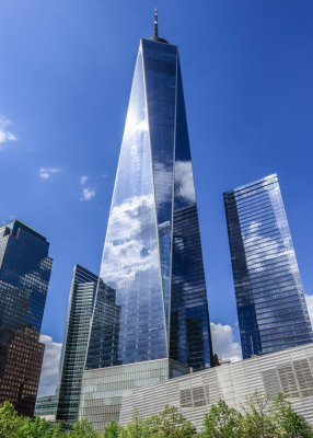 One World Trade Center from the 9/11 Memorial in lower Manhattan in New York City