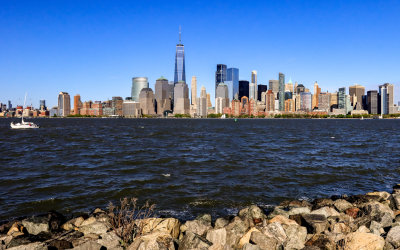 Blue skies highlight the NYC Skyline from Liberty State Park in New Jersey 