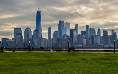 NYC Skyline under partly cloudy skies from Liberty State Park in New Jersey