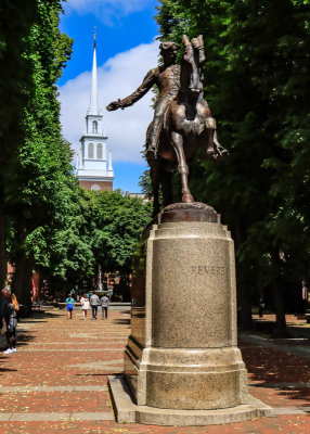 Paul Revere statue with the Old North Church in the background in Boston NHP 