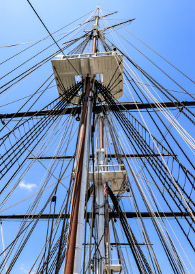 Looking up at the masts of The USS Constitution in Boston NHP