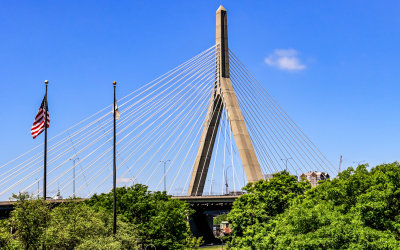 One Tower of the cable-stayed Bunker Hill Memorial Bridge as seen from Paul Revere Park in Boston
