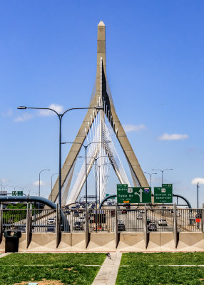 Head-on view of the Bunker Hill Memorial Bridge across the Charles River in Boston
