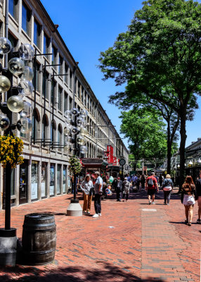 Shops and restaurants along Quincy Market in Boston