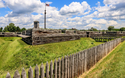 Southwest bastion with flag stand and the drawbridge from over the spike wall in Fort Stanwix NM