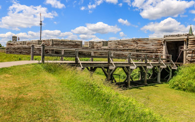 Southwest bastion with flag stand from across the drawbridge in Fort Stanwix NM