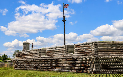 Southwest bastion with a 3rd New York Regiment soldier standing guard in Fort Stanwix NM