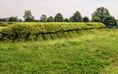 Redoubt 2, a defensive earthwork, with horizontal spikes in Valley Forge NHP