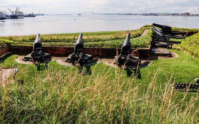 Cannons mounted on a bastion overlooking the Patapsco River in Fort McHenry NM and HS