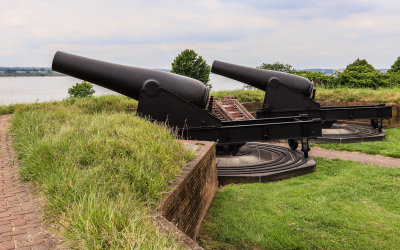 Large guns mounted on the wall in Fort McHenry NM and HS