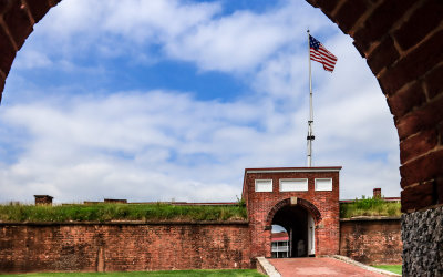 Sally Port and flag viewed from the steps of the ravelin in Fort McHenry NM and HS