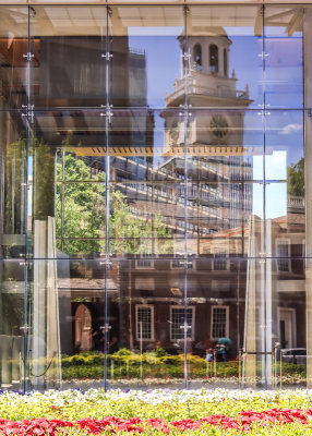The reflection of Independence Hall in the glass of the Liberty Bell Center in Independence NHP