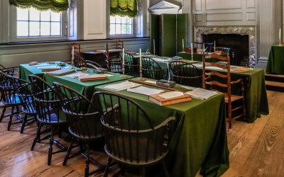 Delegate desks in the Assembly Room in Independence Hall in Independence NHP