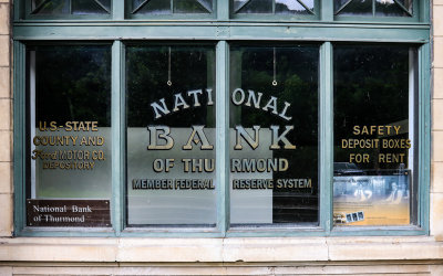 Front window of the historic National Bank of Thurmond in New River Gorge National Park