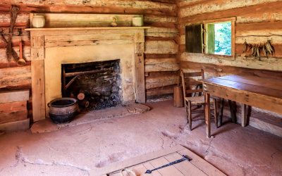 View of the interior of the kitchen cabin in Booker T Washington National Monument