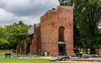 17th-century brick church tower attached to the Memorial Church at Jamestown in Colonial NHP
