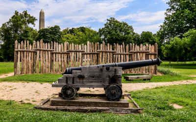 Cannon, James Fort wall and the Tercentennial Monument at Jamestown in Colonial NHP