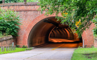 View of the brick tunnel under the city of Williamsburg along the Colonial Parkway in Colonial NHP