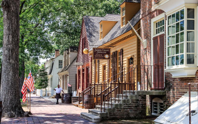 View of shops down Duke of Gloucester Street in Colonial Williamsburg