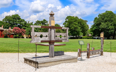 Williamsburg Courthouse stocks and pillory for public punishment in Colonial Williamsburg