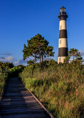Sunlight bathes the Bodie Island Lighthouse as seen from along the boardwalk in Cape Hatteras NS