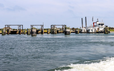 Ocracoke ferry dock as seen from the Hatteras-to-Ocracoke vehicle ferry in Cape Hatteras NS