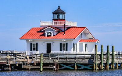 Closeup of the Roanoke Marshes Lighthouse in Manteo, west of the Outer Banks