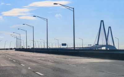 Driving east towards the Arthur Ravenel Jr Bridge from Charleston South Carolina 