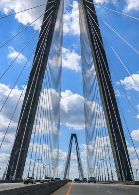 Driving under the eastern tower of the Arthur Ravenel Jr Bridge near Charleston South Carolina