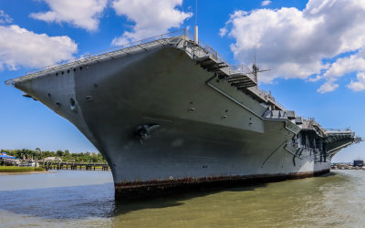Closeup of the hull of the USS Yorktown from on the water near Charleston South Carolina