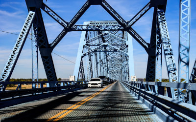 Driving over the Irvin S. Cobb Paducah Blue Bridge crossing the Ohio River in Paducah Kentucky