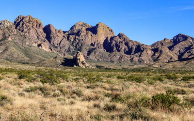 Baldy Peak looms directly above La Cueva with the Shark Tooth on the right in Organ Mountains-Desert Peaks NM