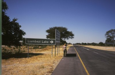 Francisca Jah at the turnoff to Lake Liambezi and Moyako. The village in which she spent a year studying the people