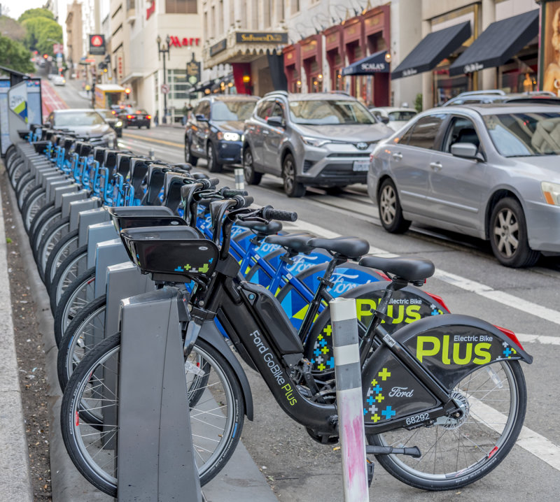 Electric bikes lined up in San Francisco