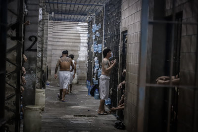 Inmates seen inside at the Policia Nacional Civil prison in San Miguel, El Salvador