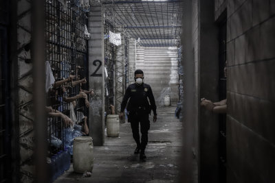 Inmates seen inside at the Policia Nacional Civil prison in San Miguel, El Salvador