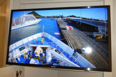 Since we have no windows, I sometimes check on what's outside the easy way - ship bow cam on TV!  We have company!!