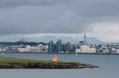 Reykjavik area: Engey with city in back including church during sailaway. (Also see Reyk gallery for couple more).