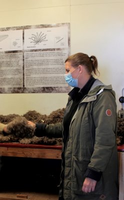 Felicity Aston, guide & owner, showing eider down processing