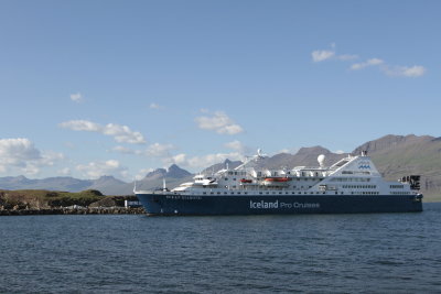 An Iceland Pro Cruises ship was docked in Merry Bay.  A passenger on the road asked me if there was a supermarket in town. 