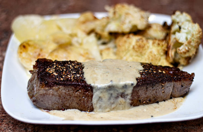 Steak Au Poivre, Roasted Broccoli, Potato Au Gratin
