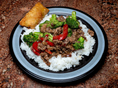 Beef and Broccoli, white rice