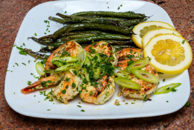 Marinated grilled shrimp with roasted green beans,