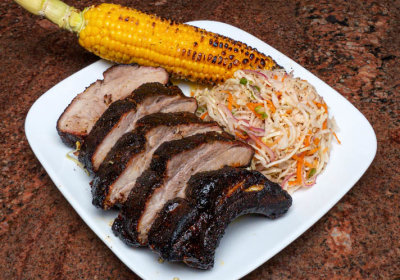 Coffee rubbed smoked babyback ribs, Spicy vinegar slaw, Grilled corn with butter and smoked salt