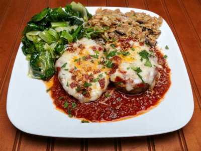 Meatloaf parmigiana, with Orzo pasta and Sauteed escarole