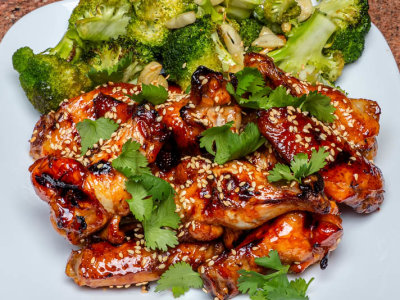Sticky Honey Soy Grilled Wings, Grilled Broccoli