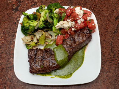 Grilled Flap Steak with Mint Sauce, Grilled Vegetable Medley, Watermelon & Feta & Mint Salad