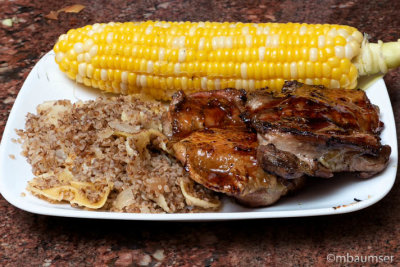 Grilled chicken with raspberry sauce, Buckwheat with bowtie egg pasta (aka Kasha varnishkes), corn on the cob