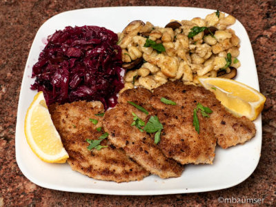 Pork Schnitzel with Spaetzle and Sweet and Sour Red Cabbage